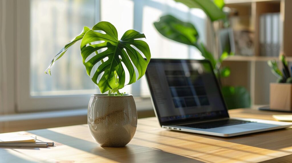 Grüne Zimmerpflanze auf einem Eichenschreibtisch neben dem Laptop für eine natürliche und gesunde Arbeitsatmosphäre.