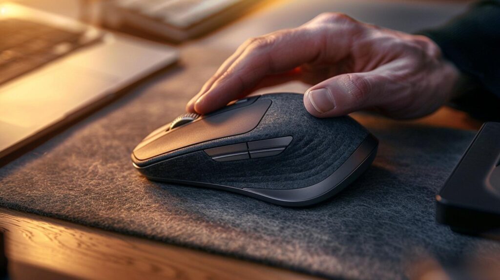 Nahaufnahme einer ergonomischen Premium-Maus auf einer Filzunterlage, professionelles Computerzubehör.