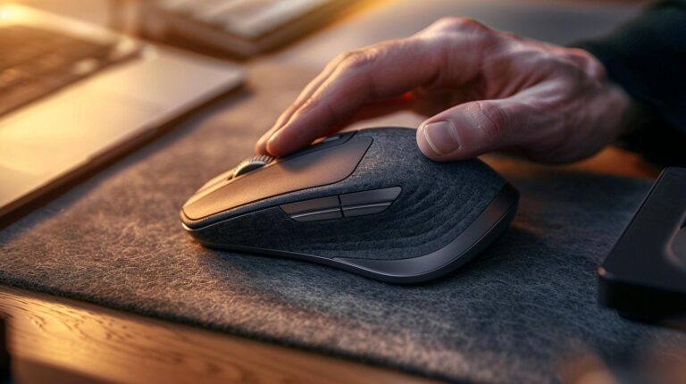 Nahaufnahme einer ergonomischen Premium-Maus auf einer Filzunterlage, professionelles Computerzubehör.