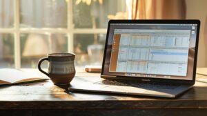 Ein MacBook Pro auf einem Schreibtisch, das ein digitales Planungs-Dashboard und To-Do-Listen anzeigt, neben einem Notizbuch.