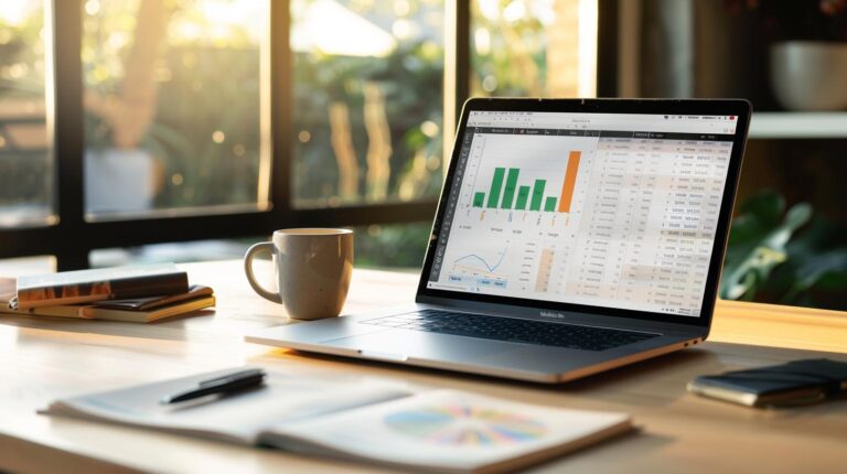 Ein aufgeräumter, minimalistischer Schreibtisch aus Eichenholz im warmen Abendlicht mit zwei Monitoren und Pflanzen im Hintergrund.