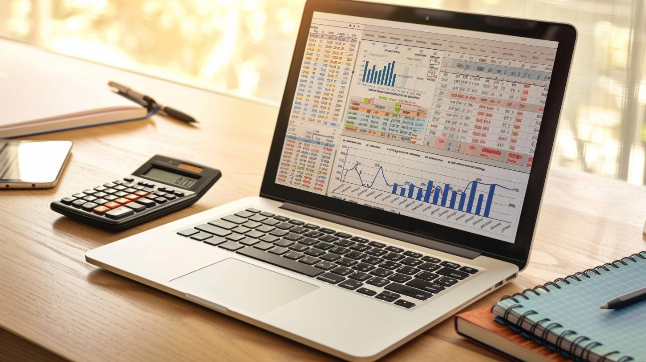 Laptop-Bildschirm zeigt detaillierte Excel-Finanzdiagramme und ein Haushaltsbuch in einer gemütlichen Home-Office-Umgebung.