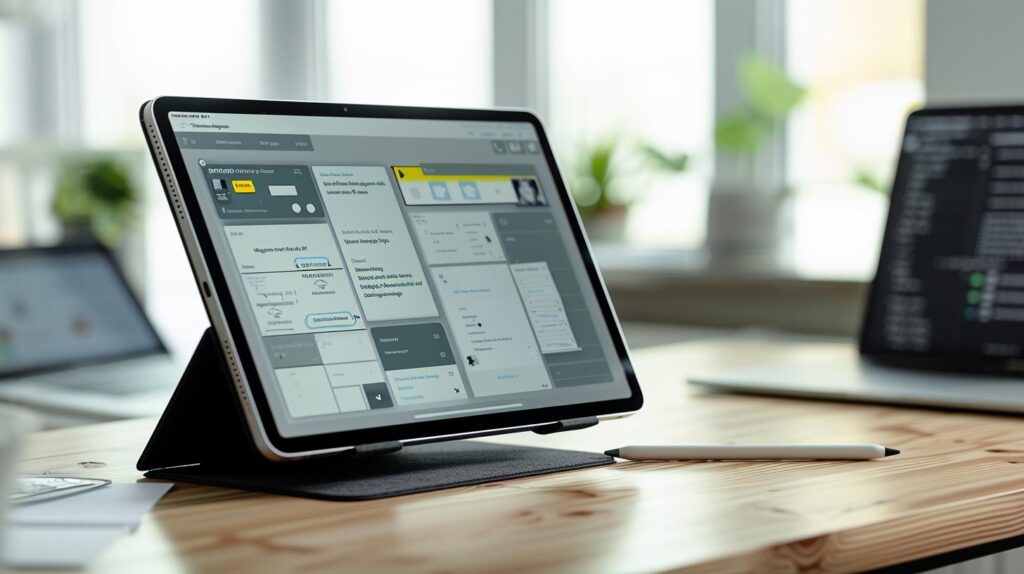 Ein MacBook Pro auf einem Schreibtisch, das ein digitales Planungs-Dashboard und To-Do-Listen anzeigt, neben einem Notizbuch.