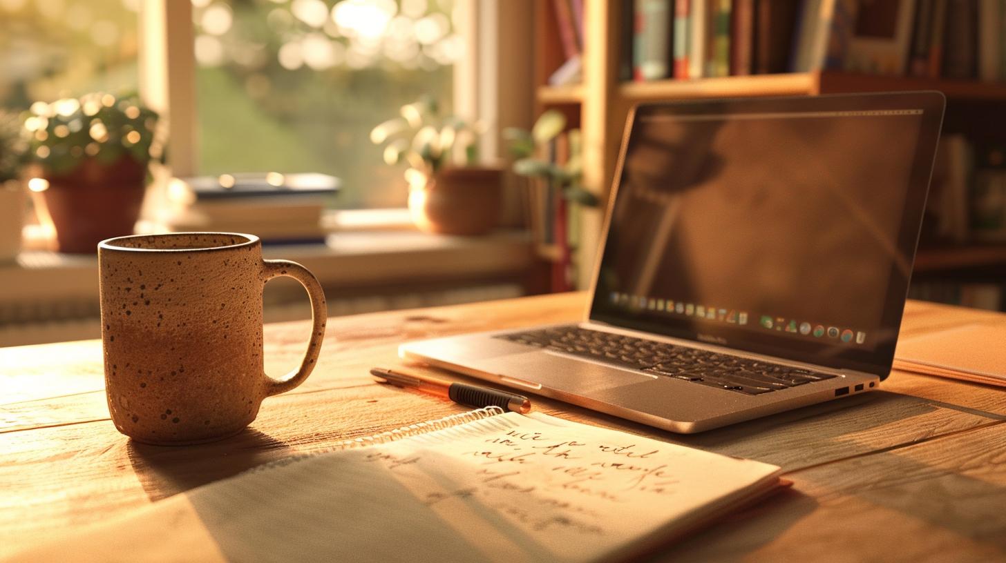 Ein aufgeräumter, minimalistischer Schreibtisch aus Eichenholz im warmen Abendlicht mit zwei Monitoren und Pflanzen im Hintergrund.