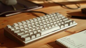 Nahaufnahme einer hochwertigen mechanischen Tastatur auf einer Holzoberfläche mit Fokus auf die Textur der Tastenkappen.