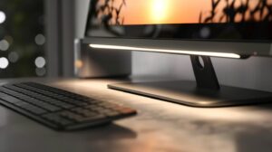 Monitor-Lightbar, die warmes, augenschonendes Licht auf die Arbeitsfläche und Tastatur wirft.