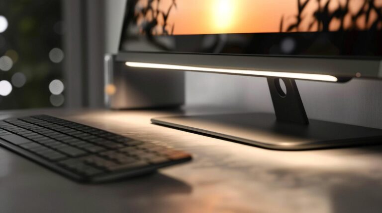 Monitor-Lightbar, die warmes, augenschonendes Licht auf die Arbeitsfläche und Tastatur wirft.